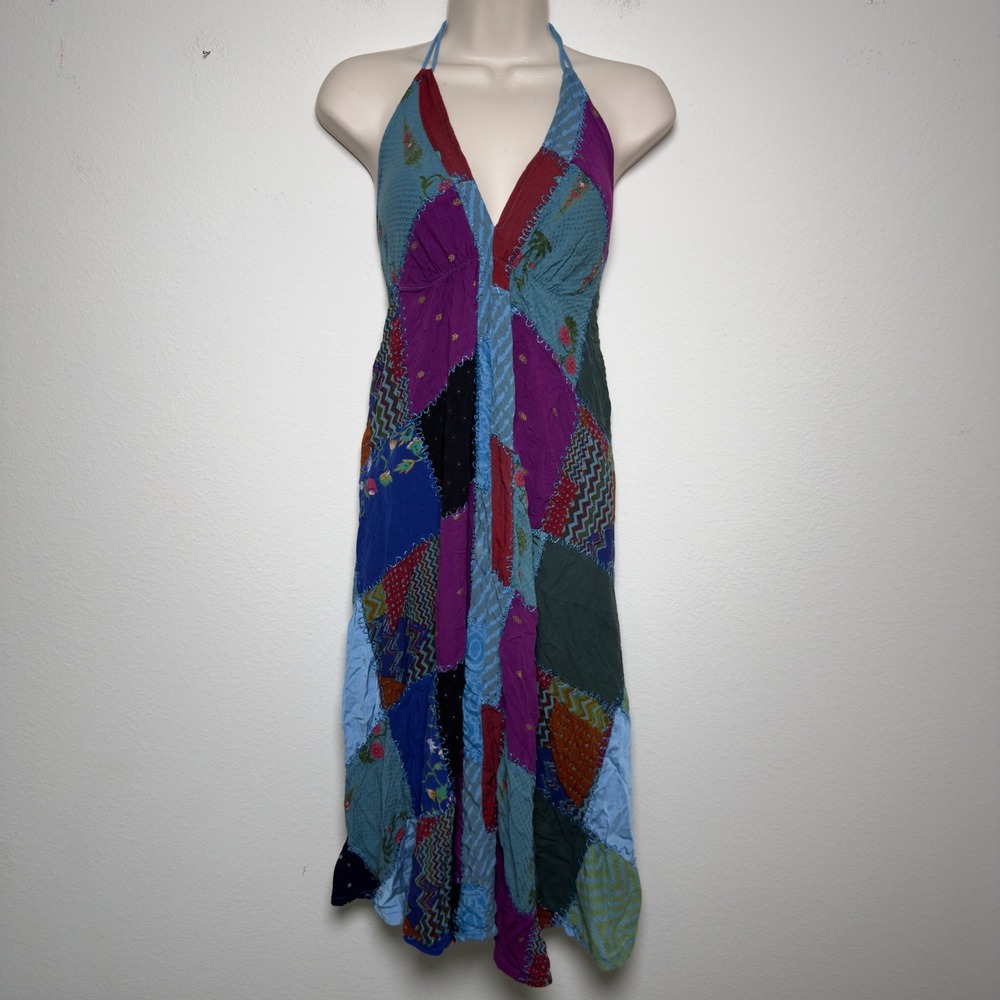 Advance WomeN y2k Babydoll Patchwork Halter Dress Multicolor Boho Indie Fairy